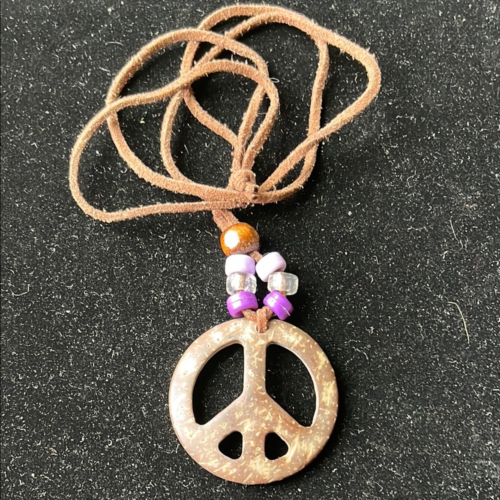Brown Peace Sign Pendant Necklace 27”